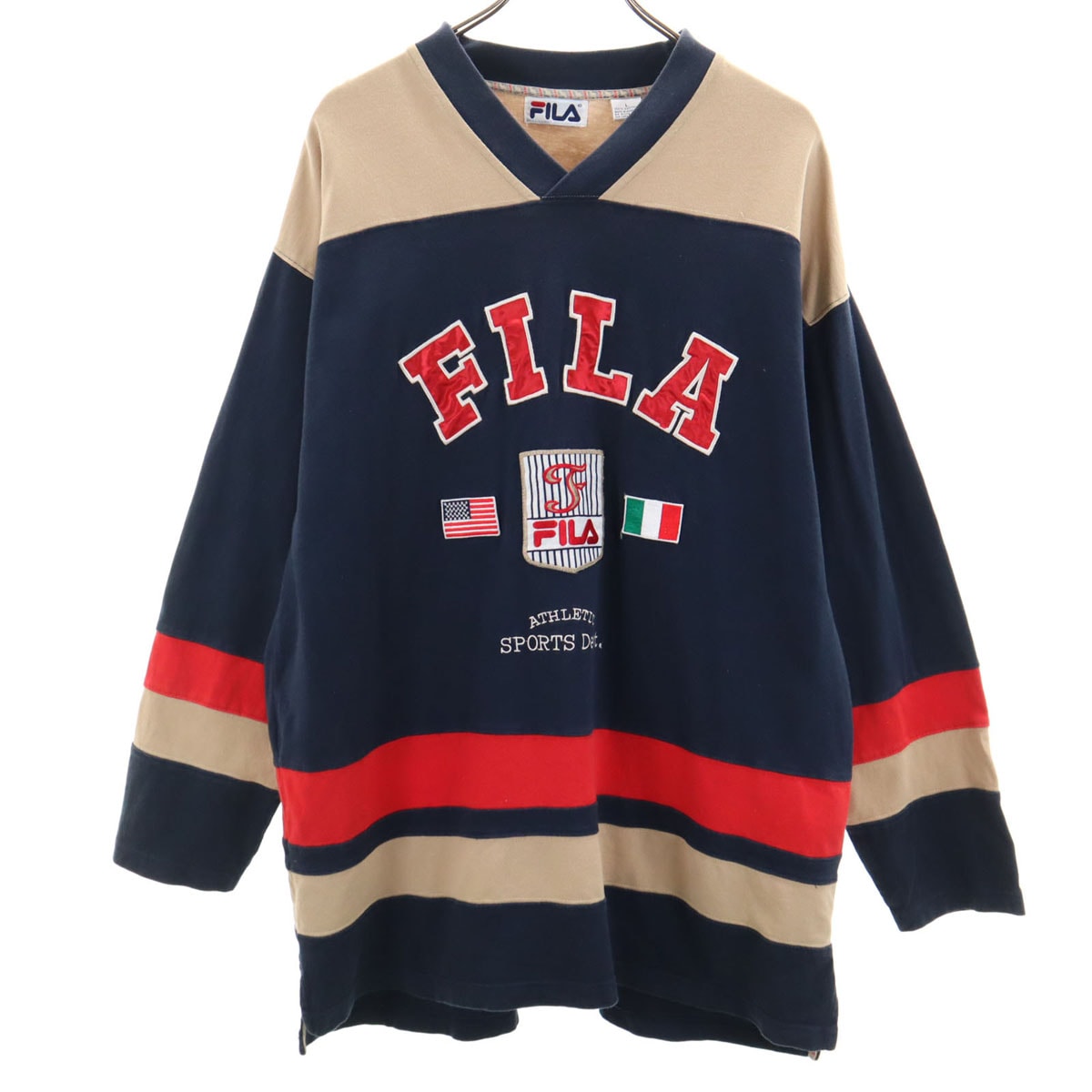 90s オールド 長袖 Vネック Tシャツ L ネイビー ロンT メンズ 古着