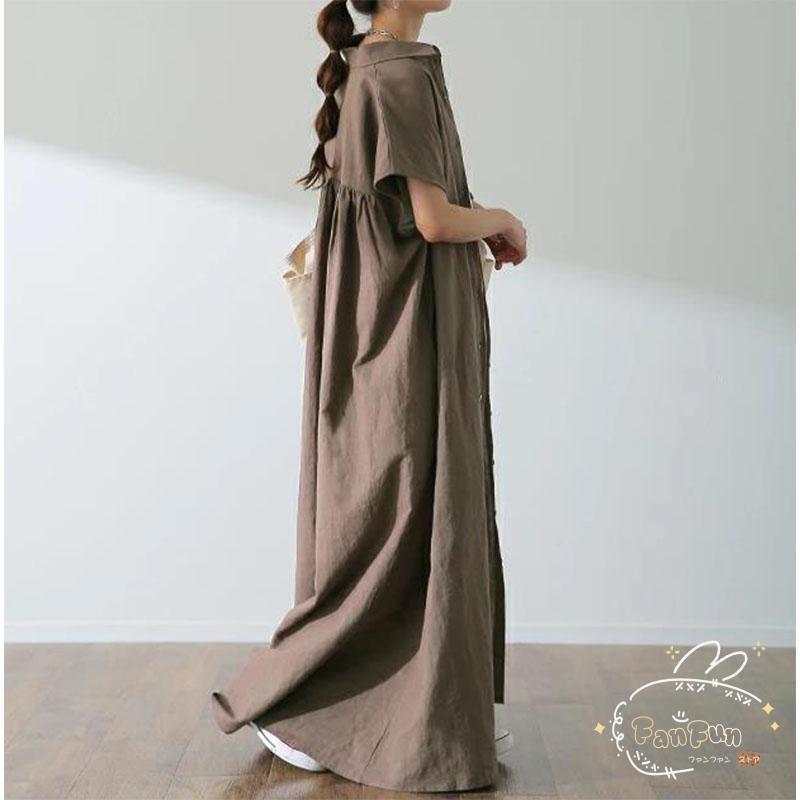 シャツワンピース 夏 春 ロング 半袖 綿 体型カバー コットン 50代 40代 30代 20代 羽織り 緑 無地 きれいめ おしゃれ ワンピース 綿麻 クリーム