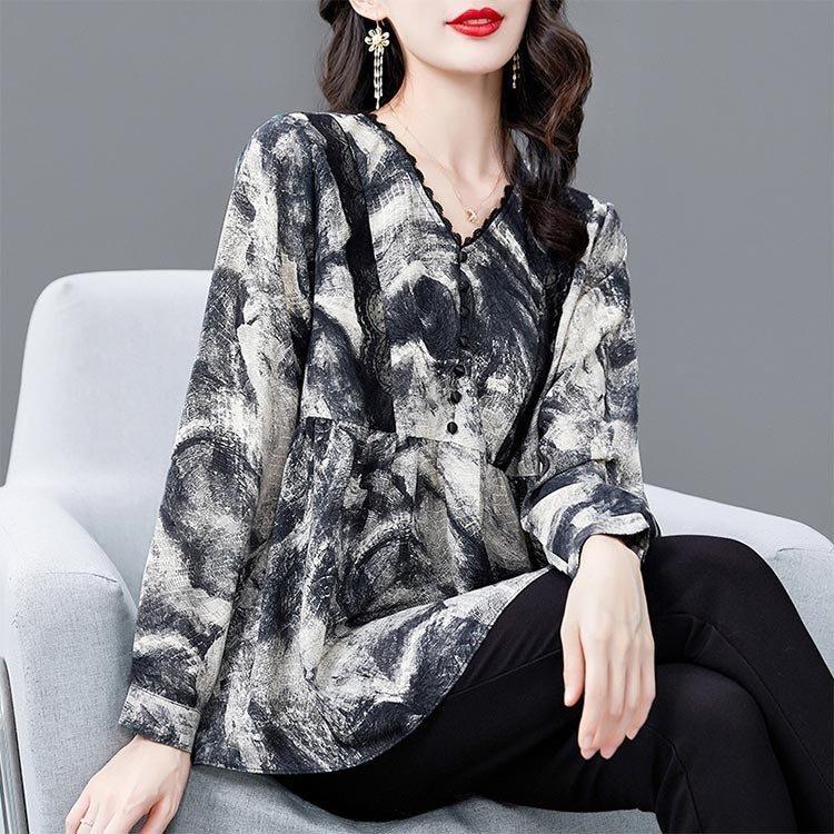 Tシャツ レディース 40代 春春冬春新作 オシャレブラウス Vネック 花柄Tシャツ 長袖トップス プリント レションTシャツ 大人 通勤 韓国風 30代 50代