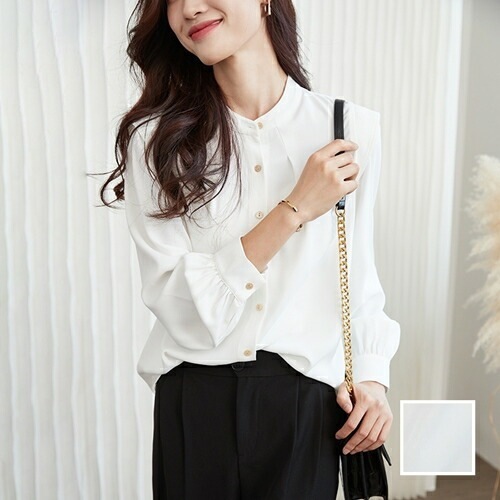 ブラウス シャツ 韓国 ファッション レディース 春 夏 秋 カジュアル コーデ シンプル 定番 セレカジ 20代 30代 40代 2025大きいサイズ バンドカラー タック ドレープ プレーン