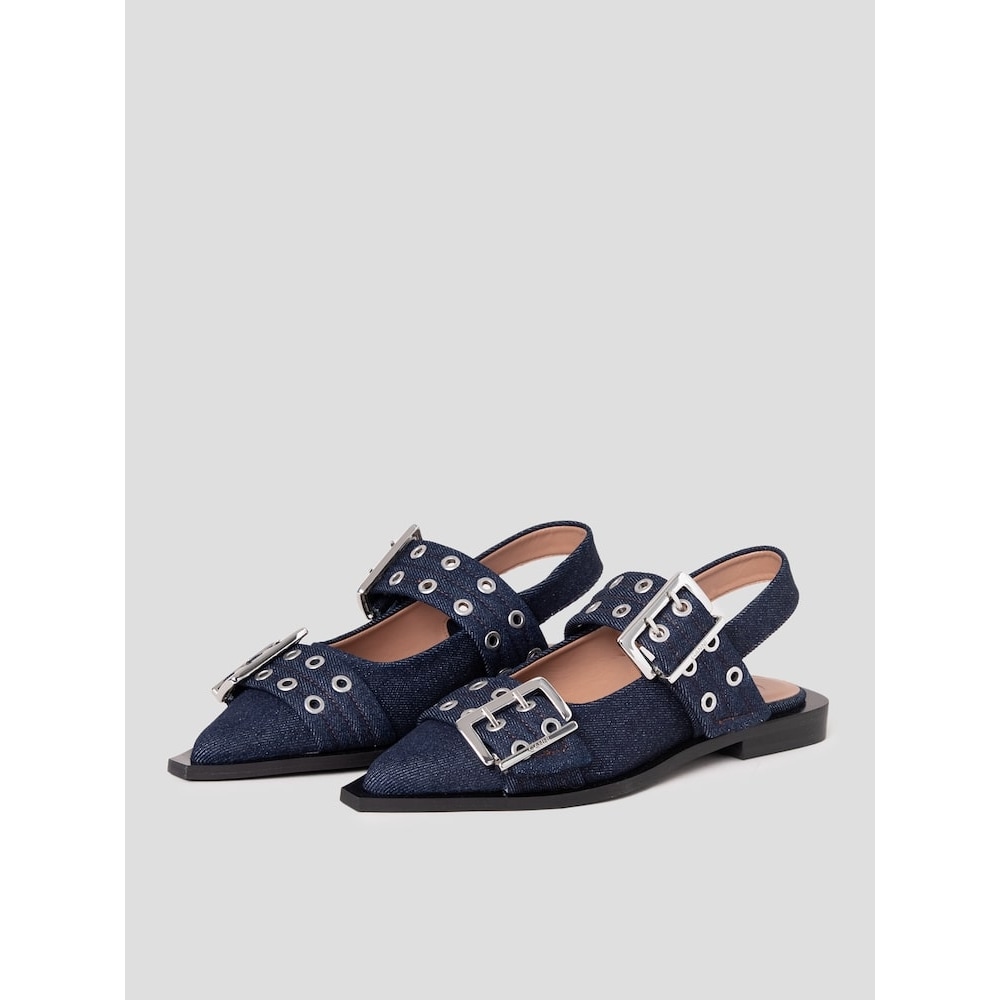 GANNI フェミニンバックルバレリーナデニム-ネイビー QN51K3A02R