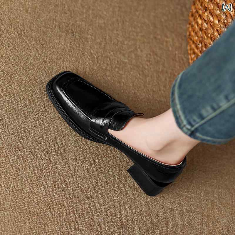 ローファー レディース オフィス 通勤 仕事 英国 レトロ 茶色 小さい 革靴 女性 厚手 ヒール スクエアトゥ ミディアム ヒール 靴 4センチメートル