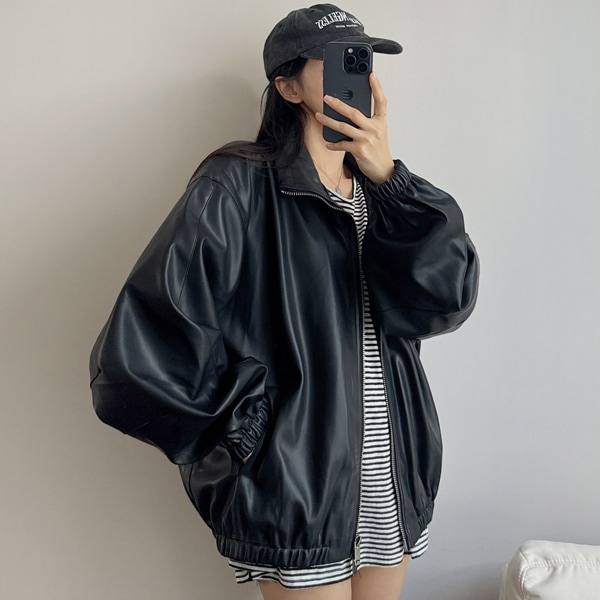 韓国ファッション シボリ シングル フェイクレザー レザー ジップアップ ジャンパー