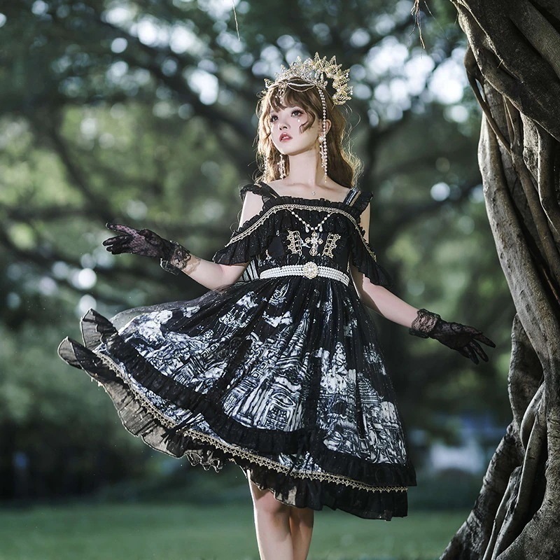 Lolita ダークゴシック風JSKワンピースプリンセススカートグーバーグ宴会風 二次元 文化祭 メイド服