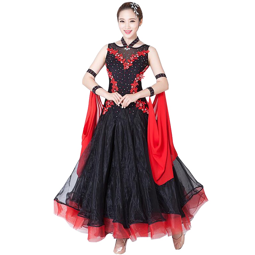 社交ダンス モダンドレス ワンピースドレス 大きい裾 豪華 演出服 袖なし スタンダードドレス キラキラビジュー付き インターナショナルダンス ノースリーブ 競技会 ワルツ服 練習着 競技用 ステージ