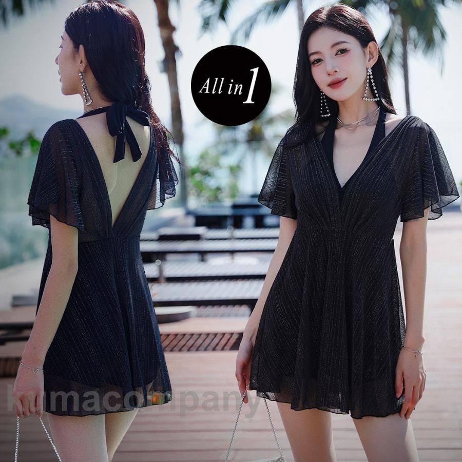 夏 水着 レディース ワンピース オールインワン 体型カバー 半袖 黒 ラメ 透け感 シースルー おしゃれ かわいい 大人 フレア Vネック 背中開き