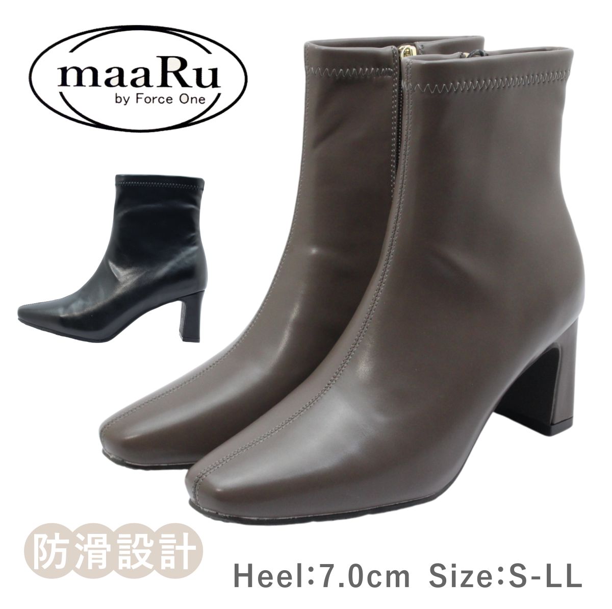 maaRu マアル レディース ブーツ 4318 ショート スクエアトゥ チャンキーヒール ストレッチ ジップ ブーティ 履きやすい 歩きやすい 防滑 靴 黒 茶 ブラック チョコ ブラウン