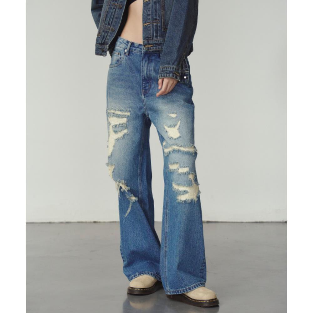 PRENDA DAMAGE POINT STRAIGHT DENIM PANTS INDIGO BLUE PRT