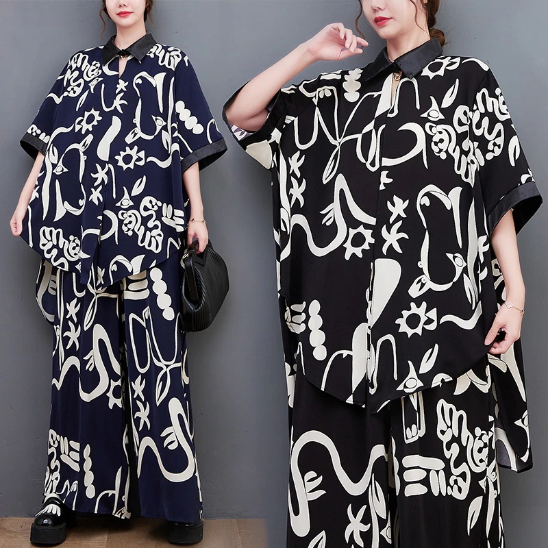 「ファットガール」 2024夏 上下セット シフォン 大きいサイズ 体型カバー レディース ワイドパンツ セットアップ メガ割30%までに制限