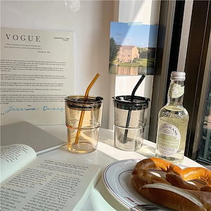 メガ割シンプルな大容量ガラス ふた付きストローカップ 朝食カップ コーヒーカップ 韓国インテリア 韓国雑貨