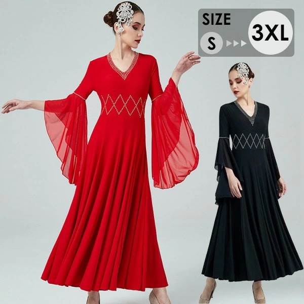 .再入荷なし！数量限定社交ダンス ドレス スタンダード 社交ダンス衣装 ワンピース 広がる裾 レッスン着 発表会 競技着 練習着 演出用 ワルツ専用ドレス ロング丈 ロングドレス オールシーズン 赤