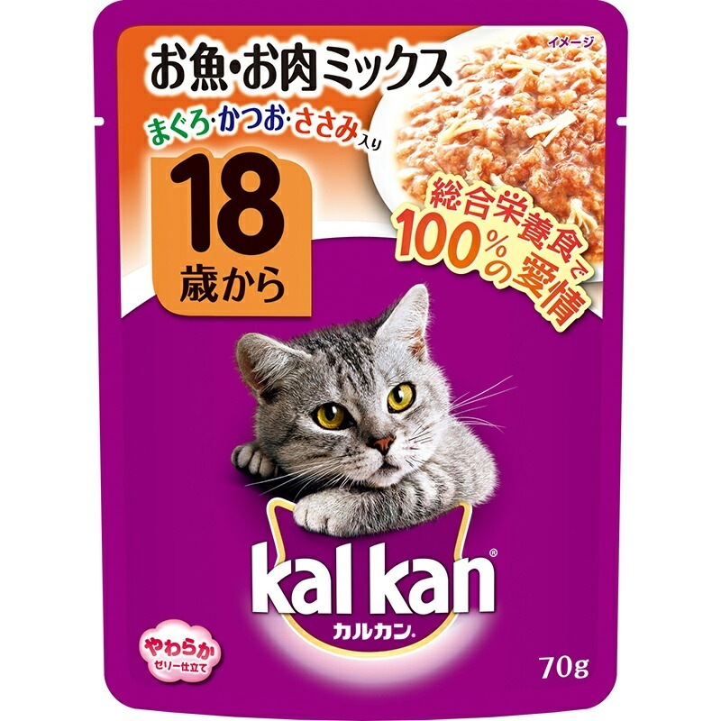 （まとめ買い）マース カルカン パウチ 18歳から やわらかゼリー仕立て お魚/お肉ミックス まぐろ/かつお/ささみ入り 70g [x40]
