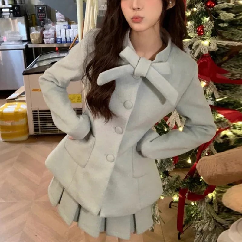 リッチな相続人スタイルのツーピースセット：秋/春向けシャネル風リボン付きウールジャケットとハイウエストプリーツスカート