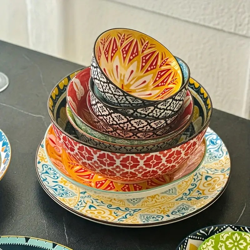 22/34ピースセット - 4-6人用ボヘミアンディナーウェアコレクション家族向け多人数対応の食器＆プレート（スプーン・調味料皿付き）サラダ米スープにな電子レンジ対応陶磁器製耐久性テー