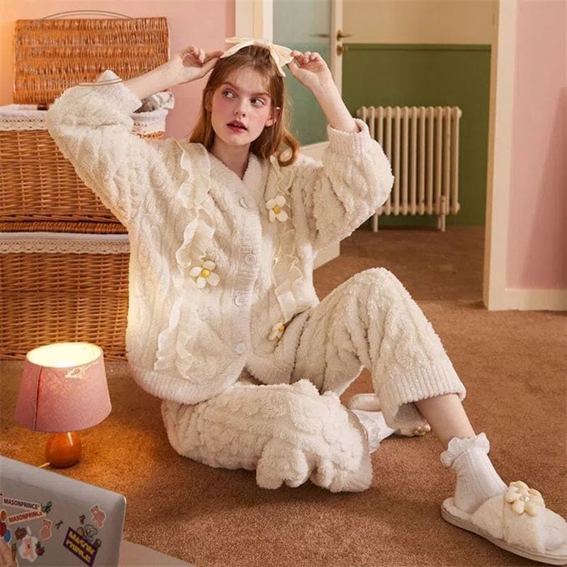 ins 美しい外観 フラワー 厚手 裹起毛 柔らかい お肌に優しい パジャマ 高級感 フランネル ホームウェア