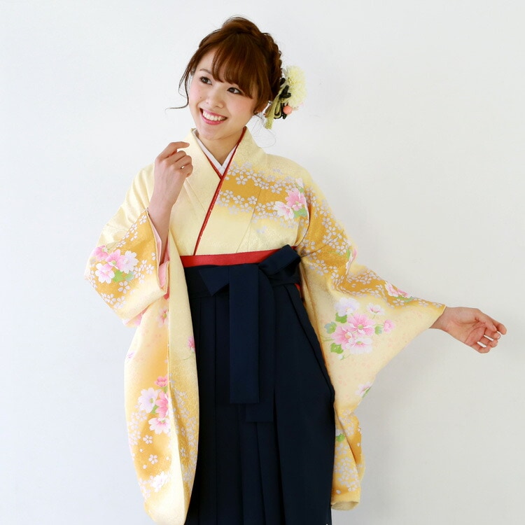 レンタル卒業式 袴 レンタル 女 袴セット 女 卒業式袴セット2尺袖着物＆袴 フルセットレンタル 安い 薄黄色地にぼかし黄色 小桜 花 綸子ハカマ はかま rental