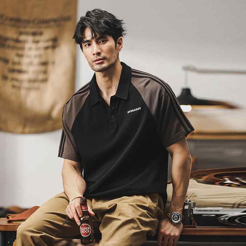 ポロシャツ アメリカン レトロ 半袖 メンズ 夏 コットン コントラスト Tシャツ 綿 黒 ブラック 若々しい 男性 トップス