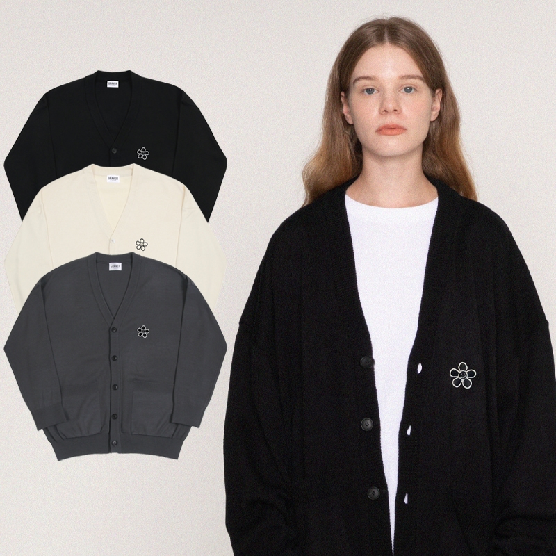 [UNISEX]Line flower dot embroidery knit cardigan_3color