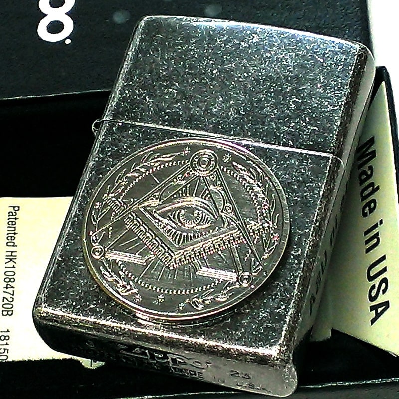 ZIPPO ライター かっこいい フリーメイソン メダル 古銭 ジッポ おしゃれ ニッケルバレル仕上げ 渋い アンティークシルバー 御守り メンズ ギフト