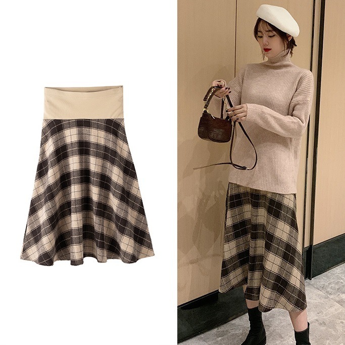 【送料無料】マタニティ ボトムズ スカート チェック柄 調整ベルト ロングスカート 柔らかい
