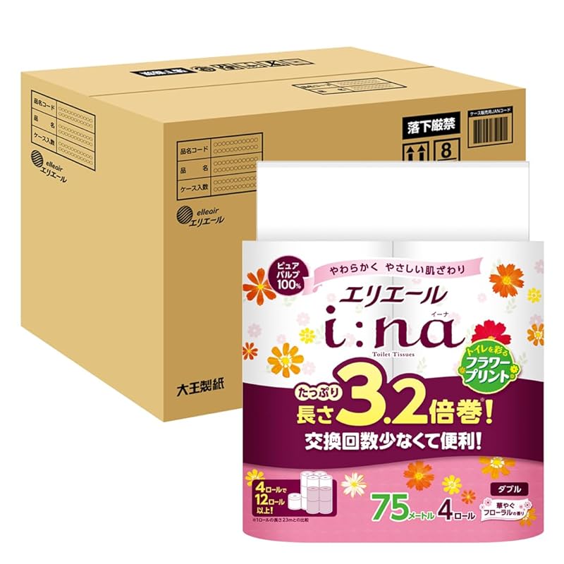 エリエール トイレットペーパー i:na(イーナ) フラワープリント 3.2倍巻き 70m×64ロール (4ロール×16パック) ダブル パルプ100% 華やかなフローラルの香り 【ケース販売】