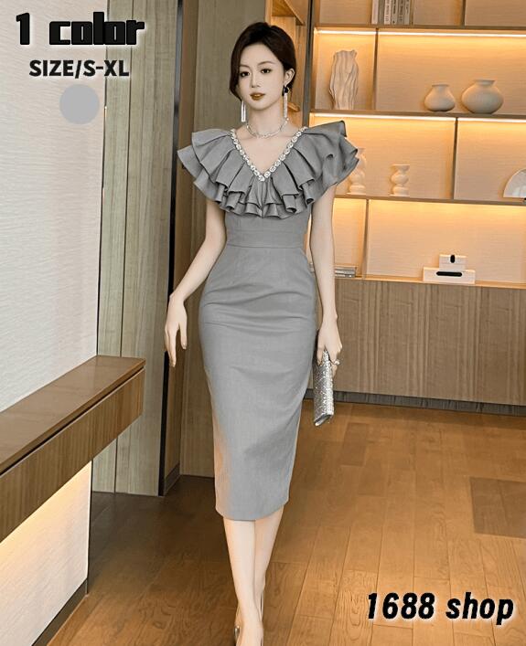 【毎日厳選 】 2025 タイトワンピース 姫系ワンピース　シンプル　ワンピース インポート ひざ丈 ミドル丈 エレガント　韓国ファッション シンプル Vネック パーティドレス 半袖　お嬢様 セクシー