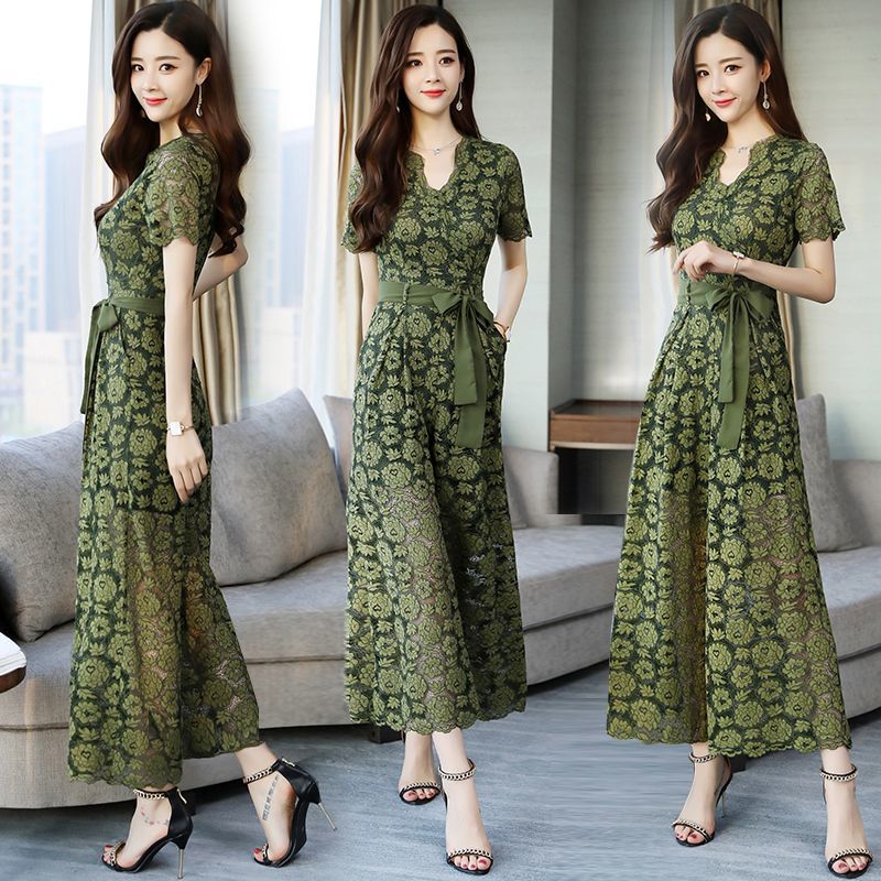 オールインワン レディース カジュアル ロング丈 パンツ レース素材 花柄 脚長効果 韓国 ラブリー 透け感 おしゃれ パーティー イベント リゾート 旅行 デート お出かけ ワイド ウエストマーク