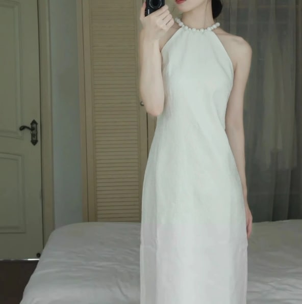 レディース スカート ドレス ノースリーブ ホルターネック タイト スリム ストレート フェミニン ウエストマーク 透け感 ヴィンテージ 薄手 ビジュー かわいい 大人可愛い きれいめ シンプル