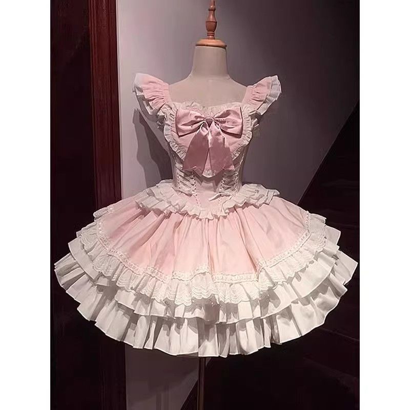 サマーデザインスイートハートロリータドレススイートリボンパッチワークウエストフライングスリーブサスペンダードレス 6,013円