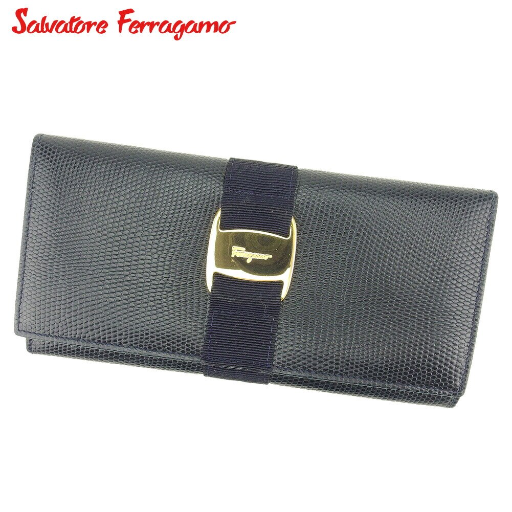 長財布 ファスナー付き 長財布 ヴァラ金具 ネイビー 中古