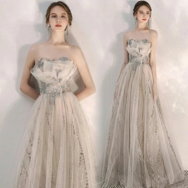 イブニングドレス ロングドレス ノースリーブ ビスチェドレス ベアトップ 発表会ドレス 演奏会ドレス パーティードレス スパンコール キラキラ 二次会ドレス お呼ばれドレス ロング丈 Aライン XS