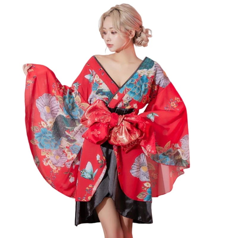【高級ライン】 花柄 ミニ シフォン 豪華 帯 リボン 花魁 着物 ドレス コスプレ イベント ハロウィン [1218]