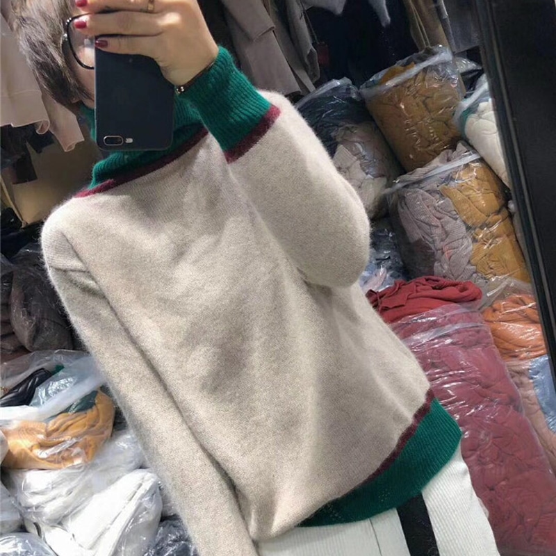 コントラストカラーセーター トップス セーター ミディアム丈 袖あり 長袖 ハイネック