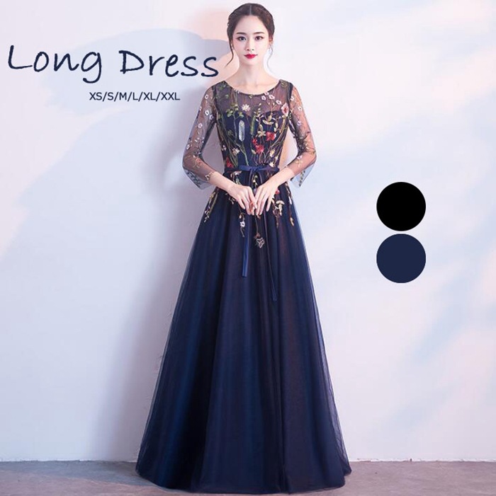 パーティードレス longdress ロングドレス パーティドレス ミモレ丈 花柄＆刺繍 ウェディングドレス ウエディング ドレス 二次会 花嫁 ブライズメイド お呼ばれ ワンピース 袖 ミモレ丈 エ