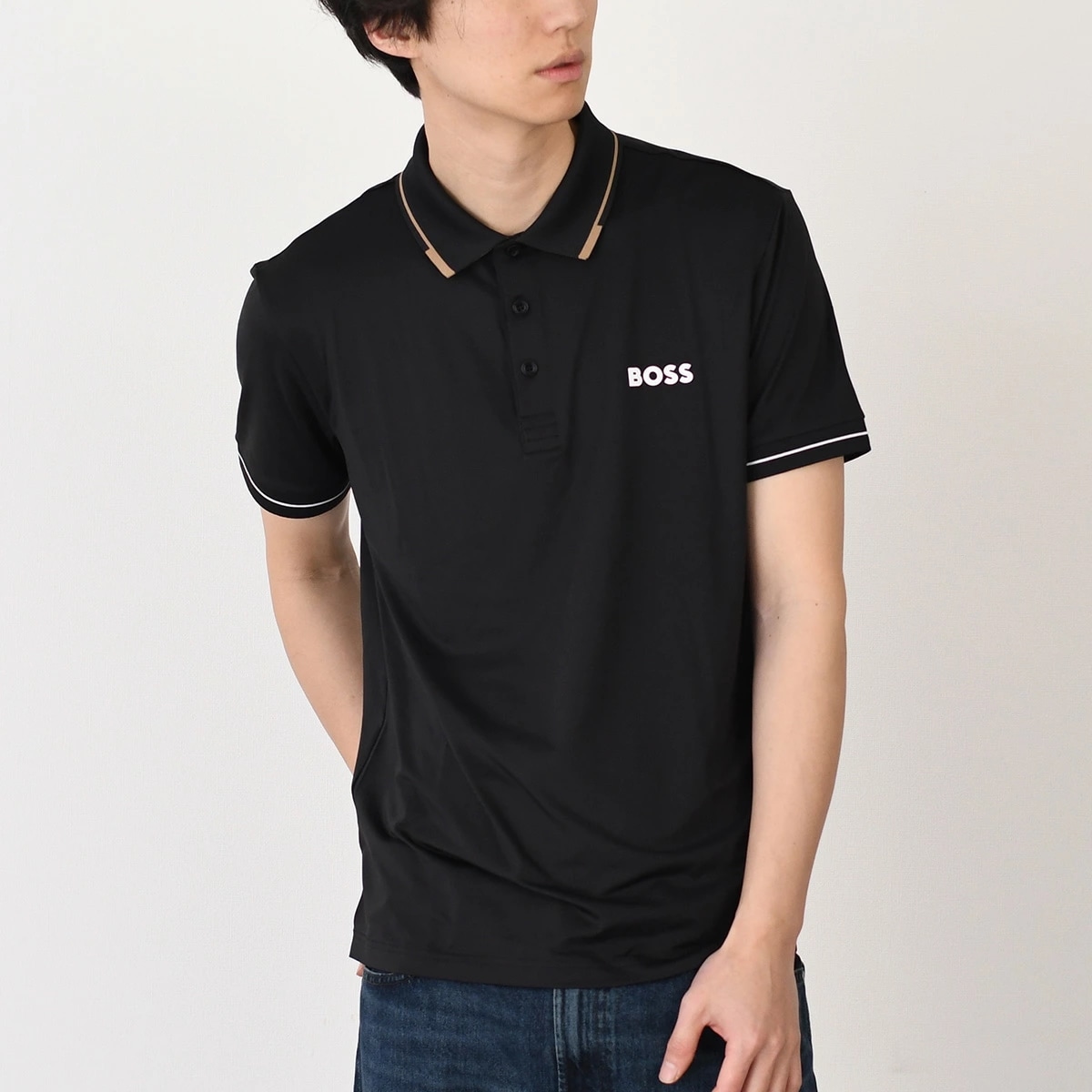 Tシャツ スリムフィット コントラスロゴ ポロシャツ メンズ 半袖 ロゴT ブラック クルーネック コットンジャージー シンプル 50506203