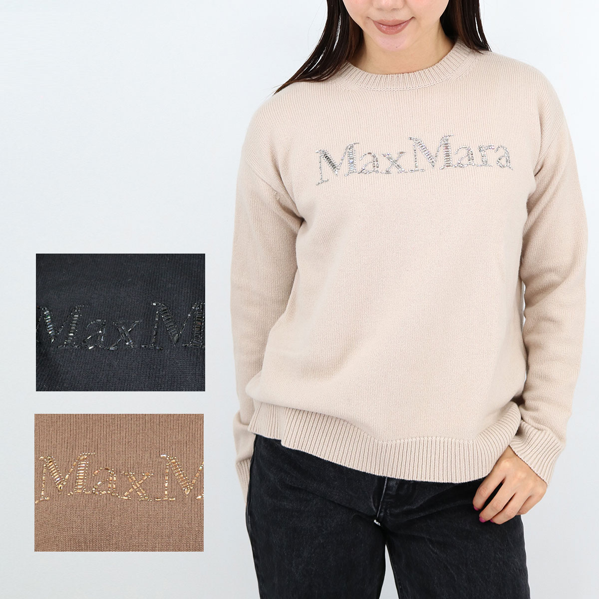 KASSEL カッセル レディースニット カシミヤ ウール セーター ラインストーン クルーネック ビジュー ロゴ ラインストーン ブランド