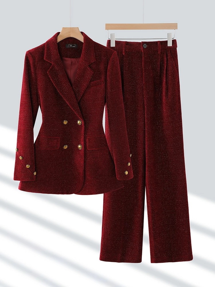 スーツ セットアップ 春秋 レッド コーデュロイ ワイドパンツ 高級感 おしゃれ レディース アウター