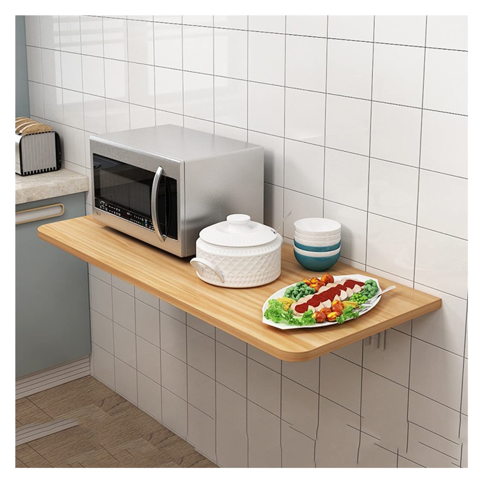 省スペースフローティング壁掛け折りたたみテーブル（棚付き） - ホームオフィスキッチン寝室に最適なドロップリーフコンピュータデスク（ナチュラル仕上げ30x80cm）