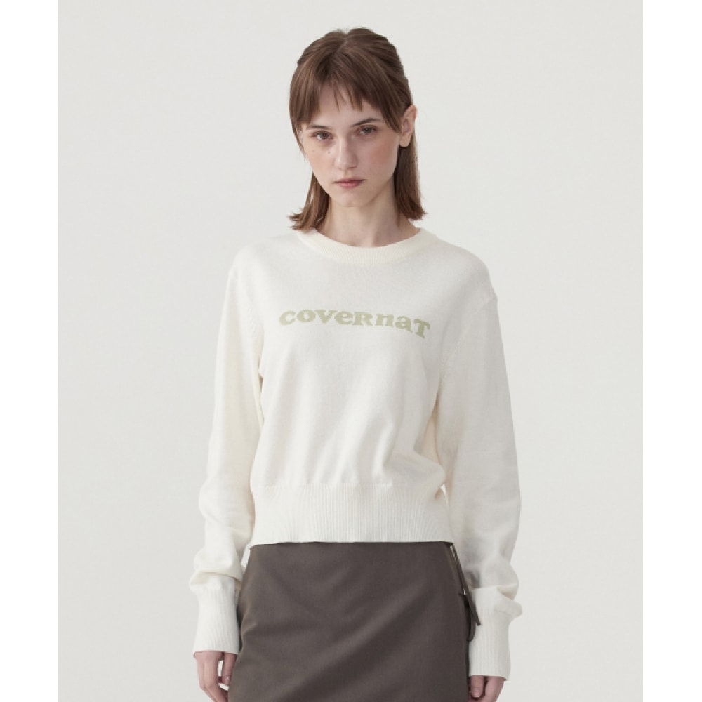 COVERNAT レディースクーパーロゴラウンドネックニットアイボリー