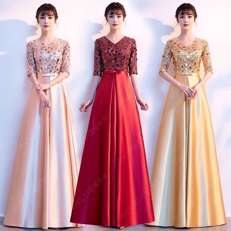 ロングドレス 演奏会 黒 ドレス パーティードレス 大きいサイズ 袖あり 袖付き 発表会 パーティードレス ステージ用 衣装 カラードレス Aライン ファスナー 厚サ-96