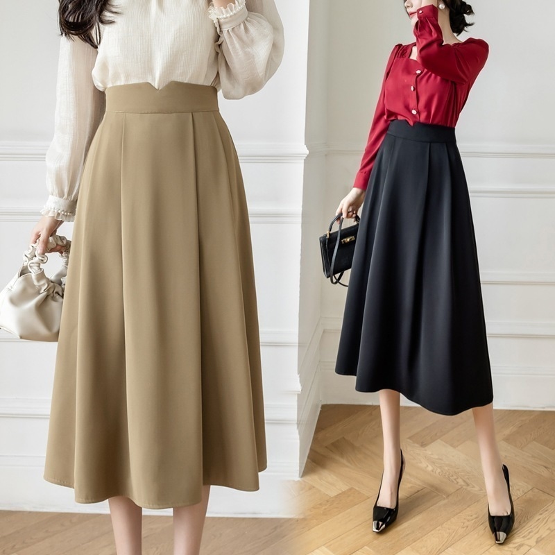 ひんやりボトムス ロングスカート スーツスカート Aラインのミディスカート ハイウエストの傘スカート 小柄な女性のプロのハーフスカート 春秋 フレアスカートレディース