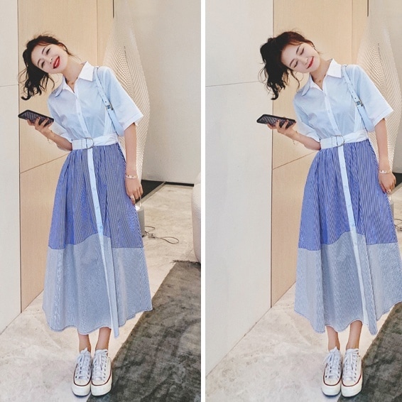 ワンピース レディースフレアワンピース ミモレ ミモレ丈 袖あり 5分袖 五分袖 Vネック フレア