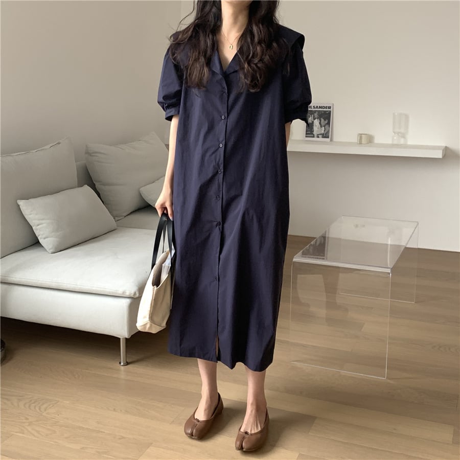 デザインカラー ワンピース ミモレ丈 半袖 シャツワンピ セーラーカラー Vネック パフスリーブ ゆったり ルーズ かわいい 大人可愛い きれいめ シンプル カジュアル 大人 上品 おしゃれ lone