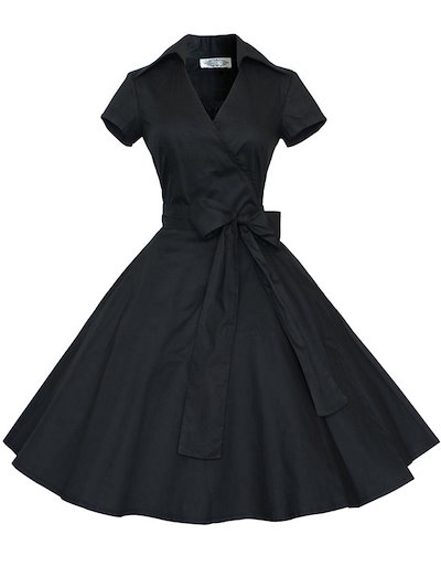 新着Vネック半袖ハイウエスト蝶結び大振裾レトロワンピース