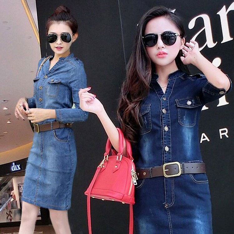 デニムワンピース ミディアムワンピ レディースワンピースVネック　弾力あり　長袖と半袖が選択か人気ショート丈 OL/通勤/デートにぴったり　春夏に勧め