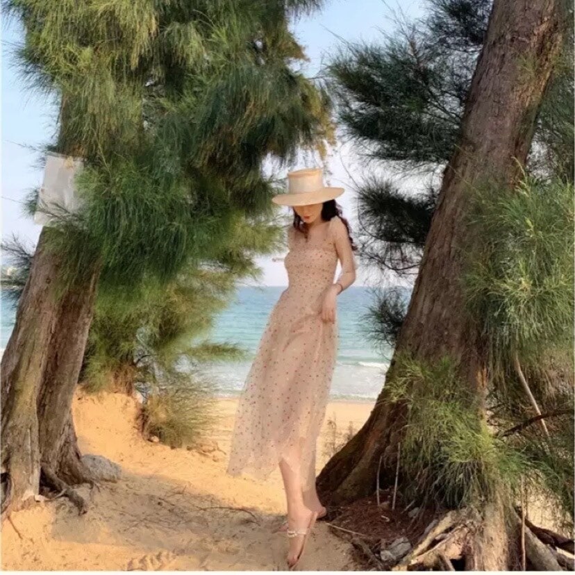 リボン ワンピース ノースリーブ 夏 かわいい ロング フレアワンピース 膝下 ミモレ丈 ロング丈 スクエアネック 襟なし セミフレア タイト シフォン リボン ウエストマーク 透け感 S M L X