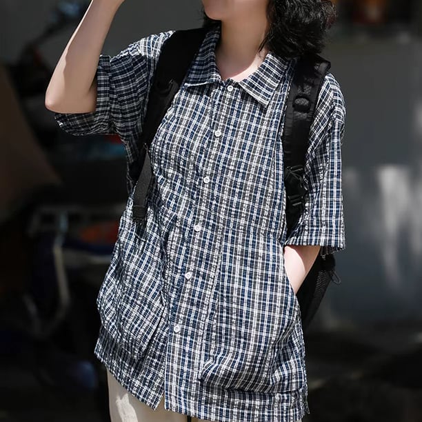 ビッグポケットデザインチェック半袖シャツ 山ガール 2024 夏の新作 ストライプ 半袖 シャツ デザイン 大きなポケット 学生 カジュアル レトロ シャツ