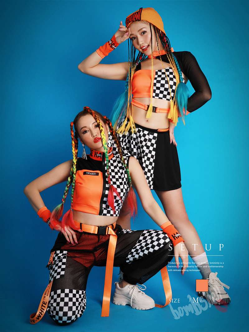 セットアップ インポート へそ出し チェッカー柄 プリーツスカート セットアップ ビスチェ スポーティ ダンス衣装 コスチューム ダンスウェア bombshell