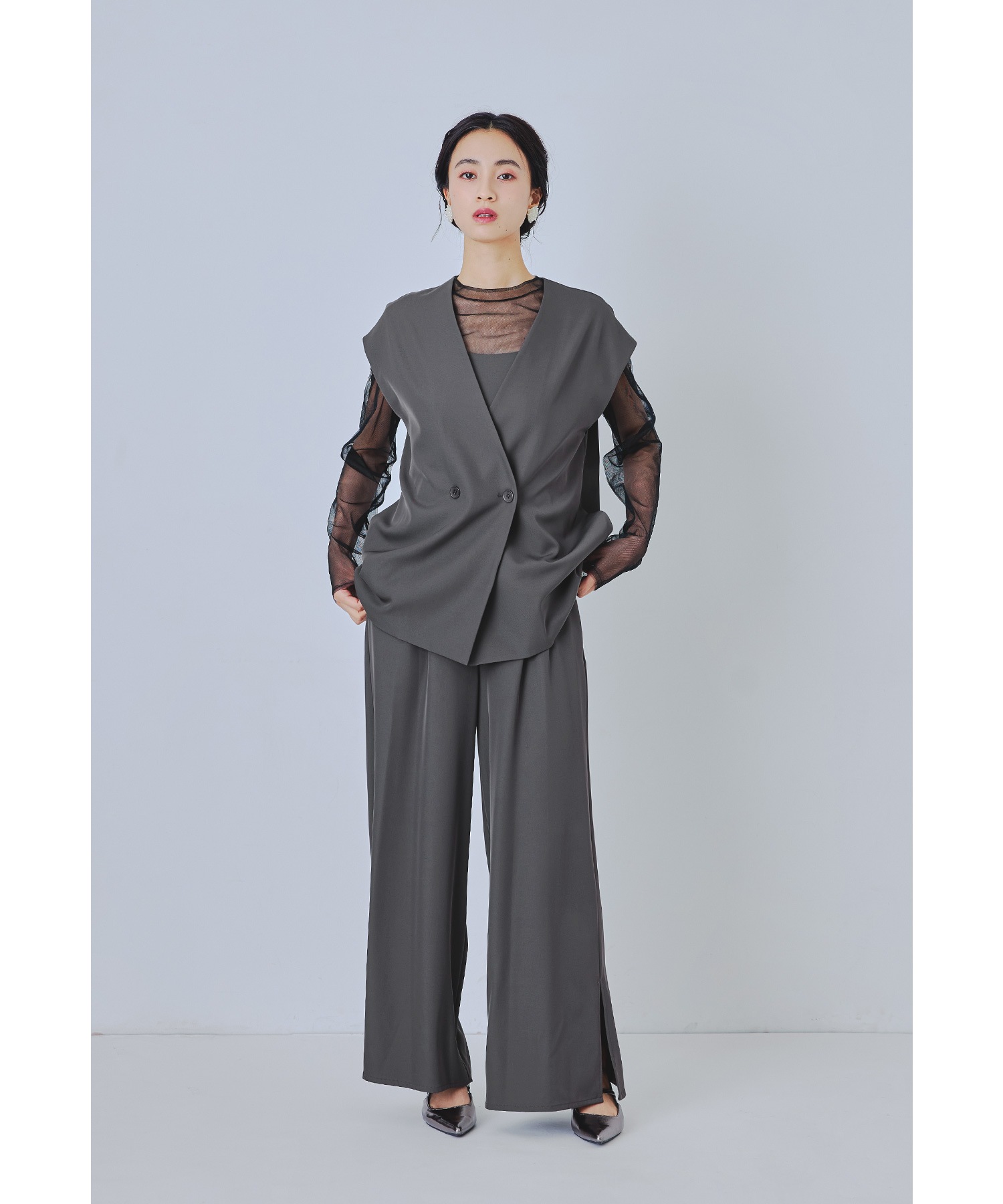 マニッシュベストセットアップ パーティードレス 結婚式 パンツドレス オールインワン ベスト ジレ シアー トップス 3点セット ストライプ 無地 長袖 お呼ばれ パーティー 二次会 披露宴 謝恩会