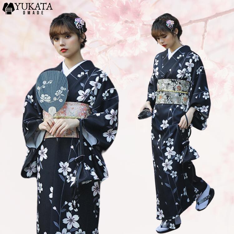 出荷が迅速である 独占販売 黒地に白花 浴衣 レディース 黒 桜柄 花柄 花火大会 夏祭り 5点セット ゆかた ブラック 桜 可愛い ー等 上品 きれいめ 大人の浴衣 大人 セット 女性 20代 30